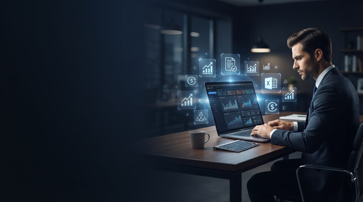 Illustration of a finance professional working with financial dashboards